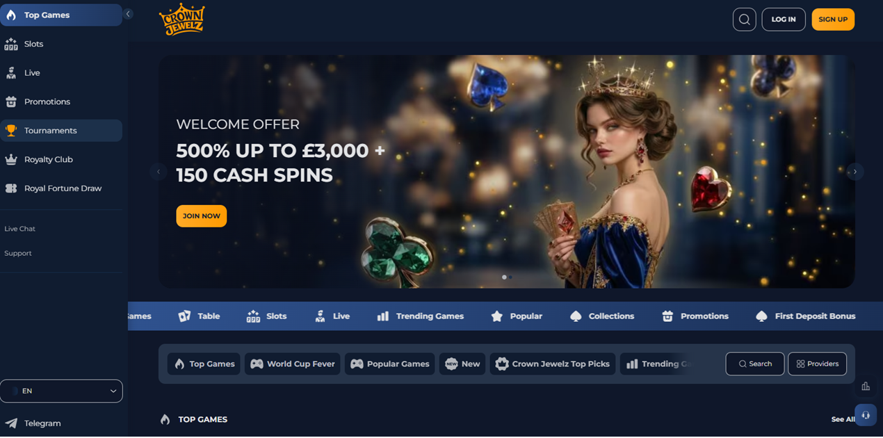 CrownJewelz casino lobby and welcome offer