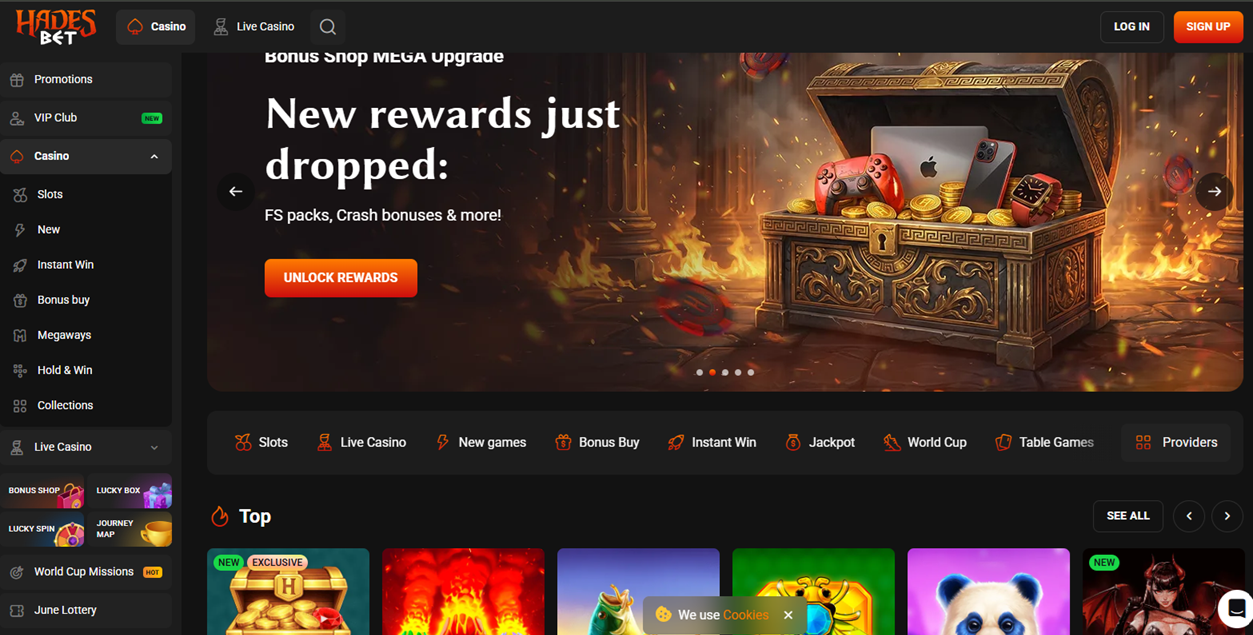 HadesBet casino lobby with slots and bonus categories